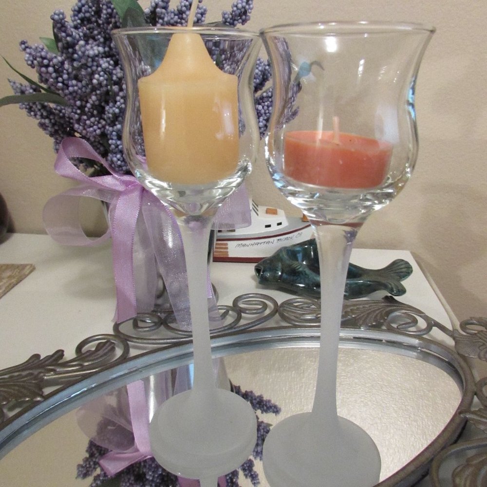 Pair Frosted Stem Glass Candleholders
